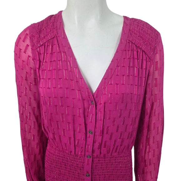 Anthropologie Smocked Long Sleeve Maxi Dress Pink Chiffon Womens Medium V-neck - Picture 3 of 13